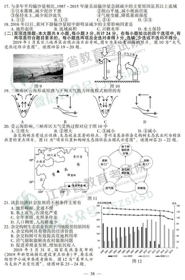 2019江苏高考地理真题答案