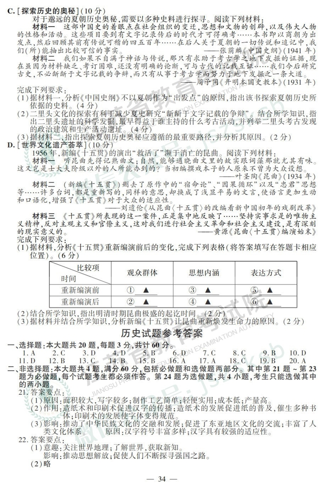 2019江苏高考历史真题答案
