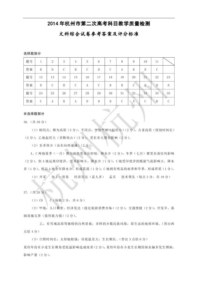 2014杭州二模文综题及答案