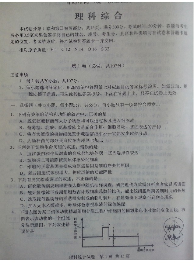2014青岛一模理综试题及答案