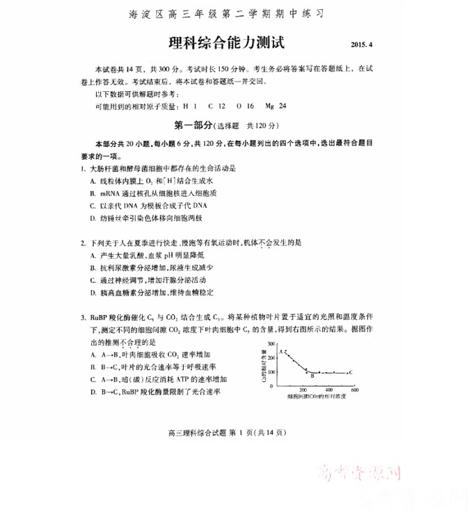 2015海淀一模理综试题及答案