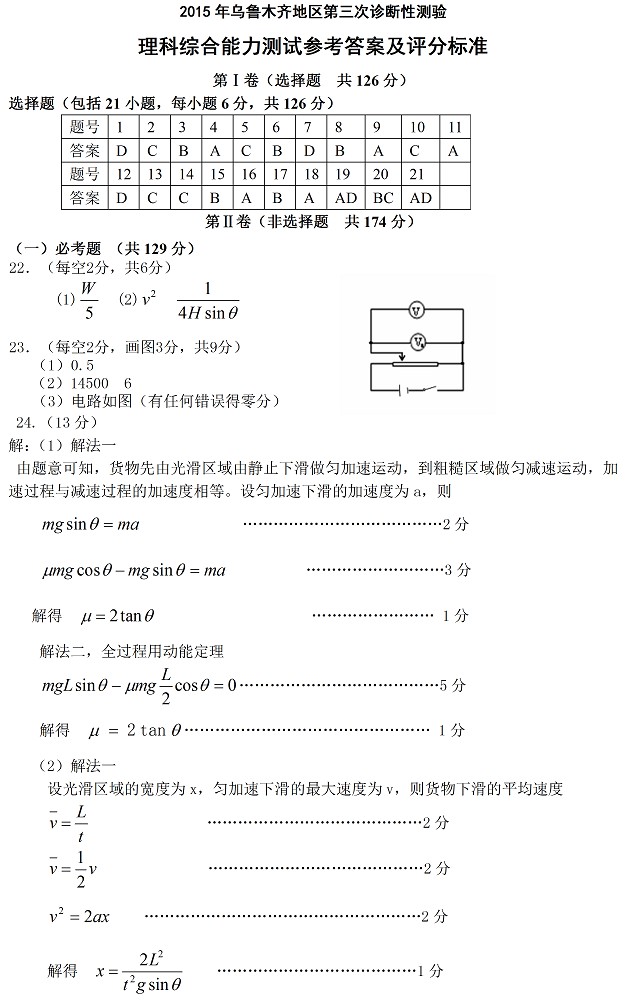 2015乌鲁木齐三模理综试题及答案