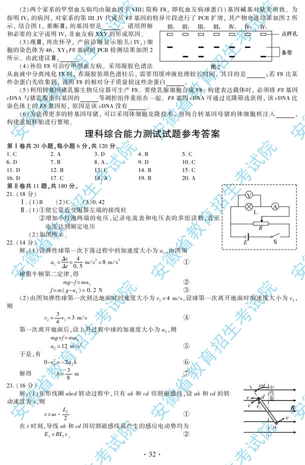 2012安徽高考理综试题答案