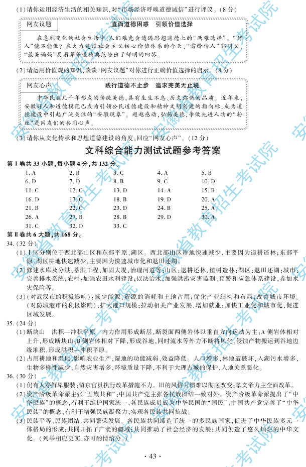 2012安徽高考文综试题答案