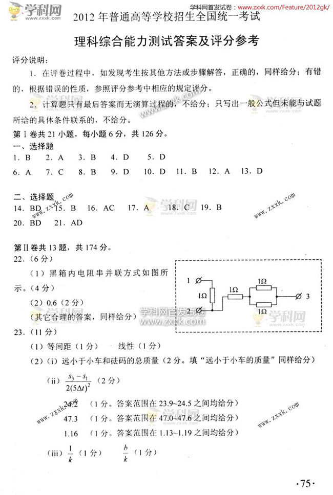 2012高考全国卷理综试题答案