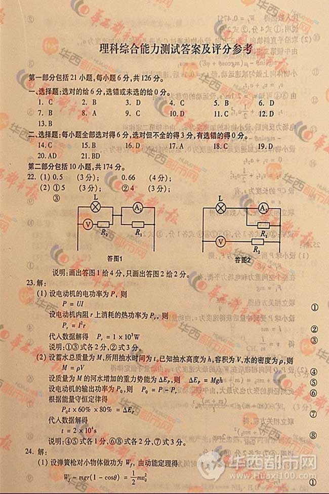 2012四川高考理综试题答案