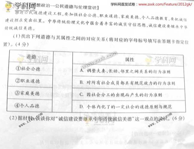 2012山东高考文综试题答案