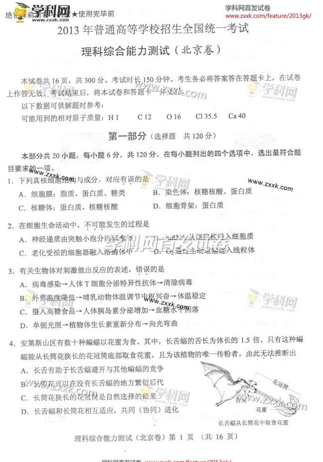 2013北京高考理综试题答案