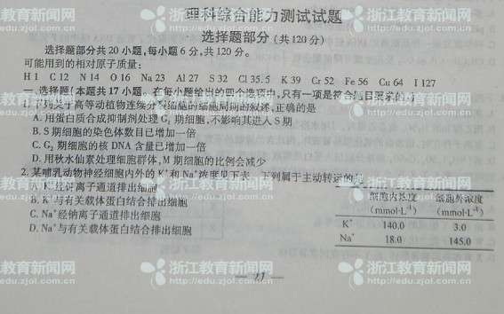 2013浙江高考理综试题答案