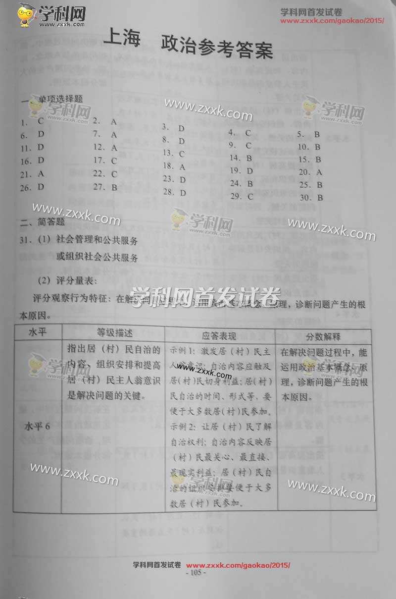 2015上海高考政治试题答案