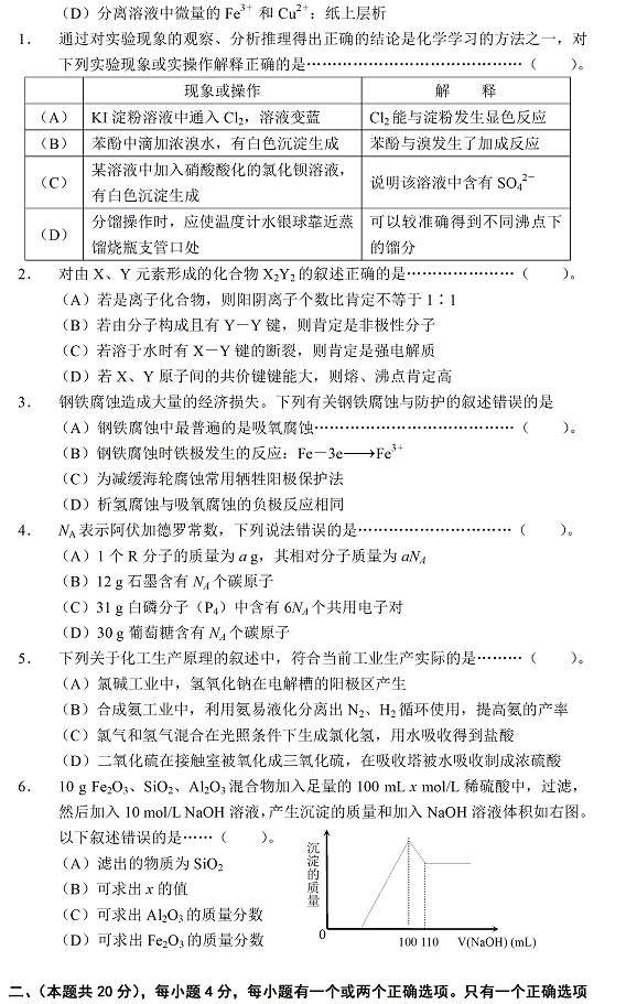 2011年上海市崇明县高三年化学试题