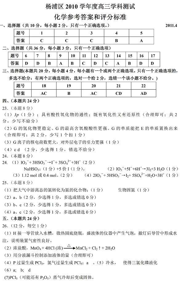 2011年上海市杨浦区高三年化学试题