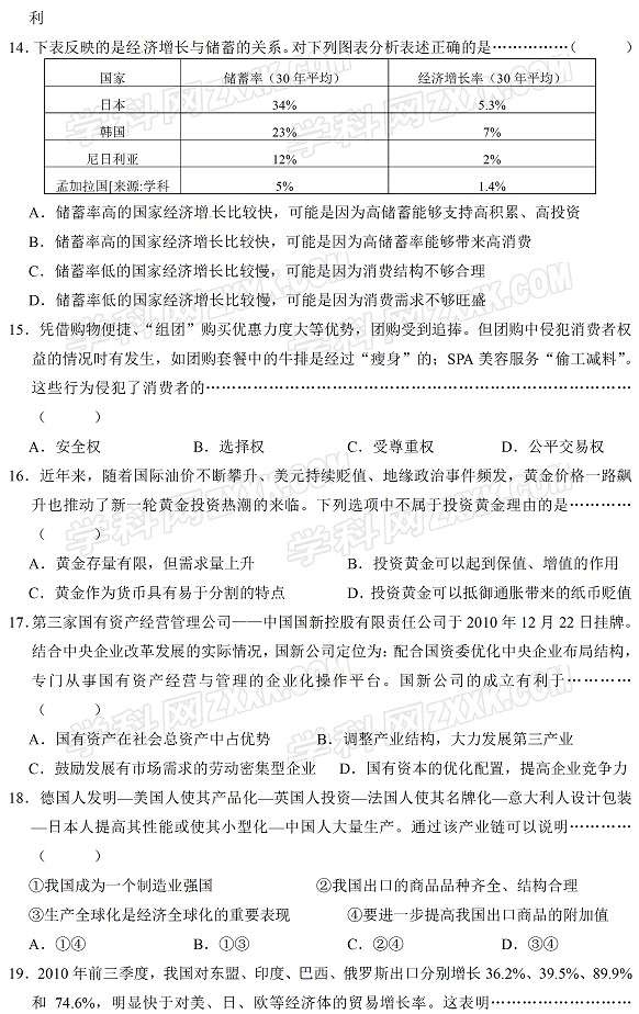 2011年上海市青浦区高三年政治试题