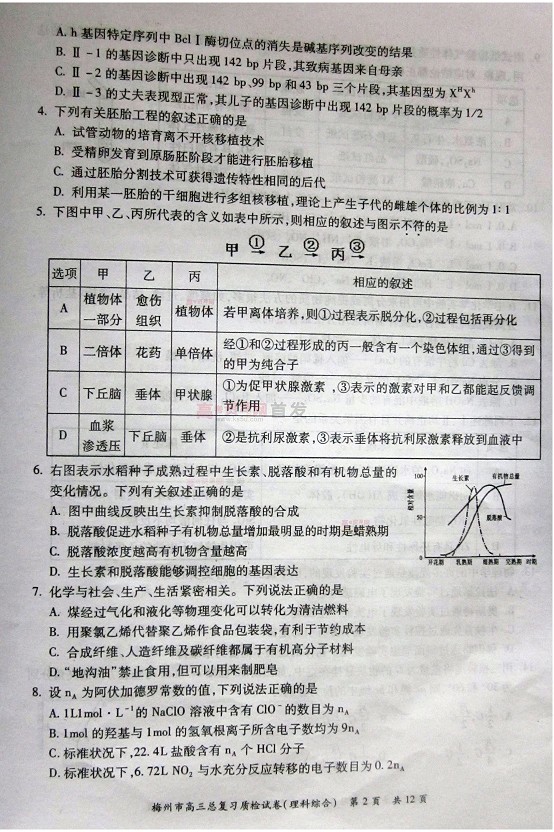 2014梅州一模理综试题及答案