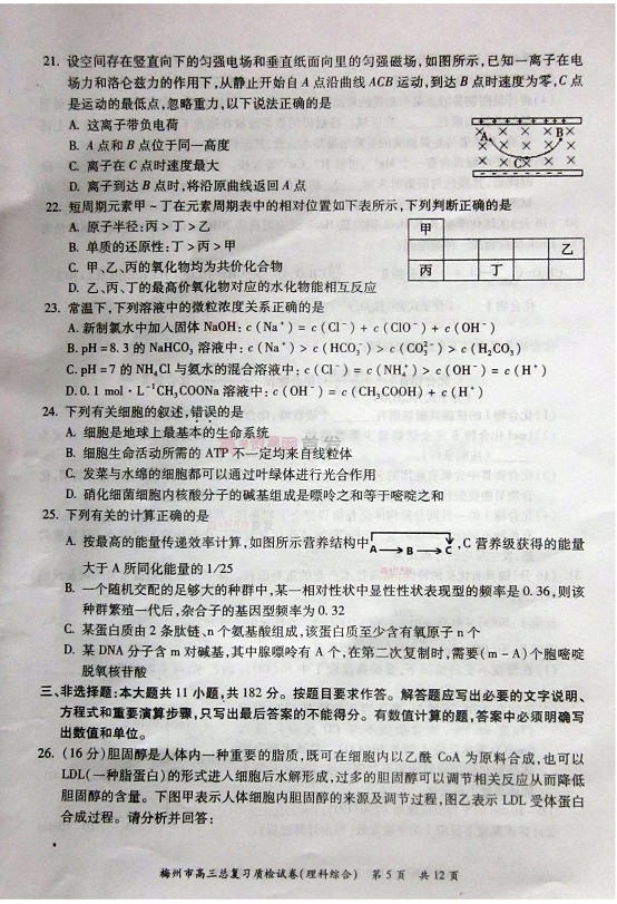 2014梅州一模理综试题及答案