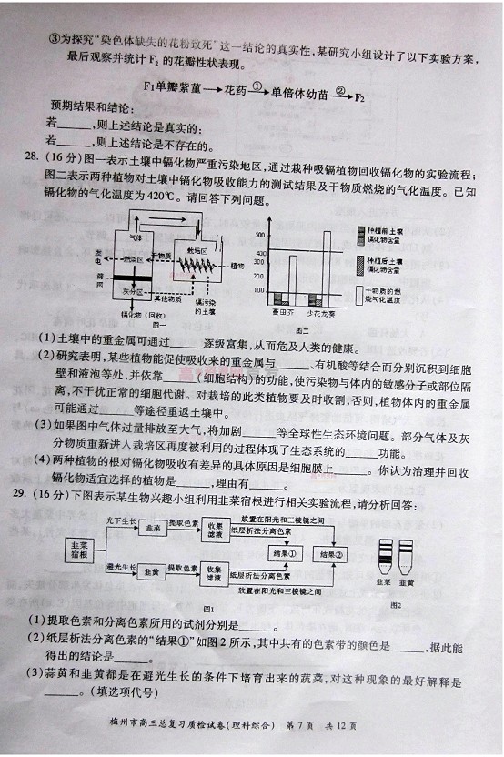 2014梅州一模理综试题及答案