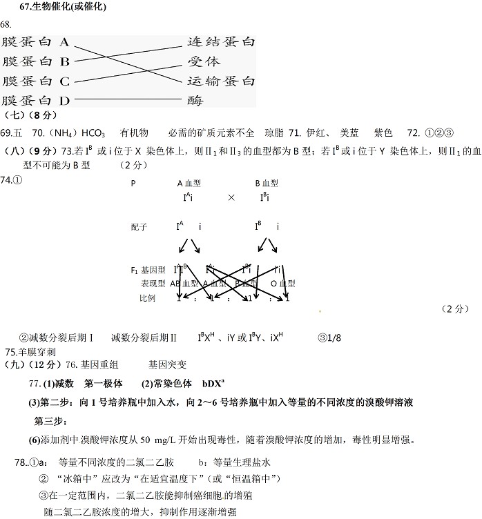 2014年上海高考二模生物答案