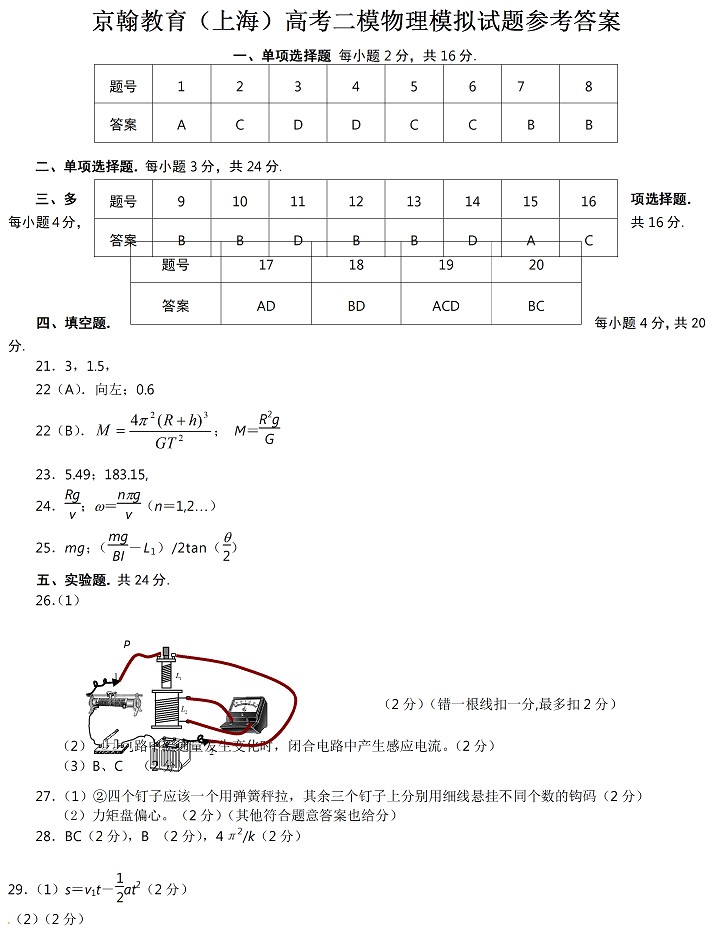 2014年上海高考二模物理答案