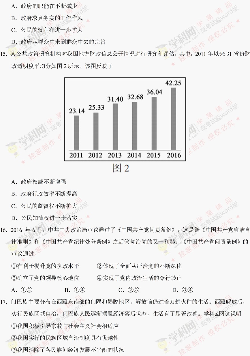 2017江苏高考政治试题答案 2017江苏高考政治试题答案