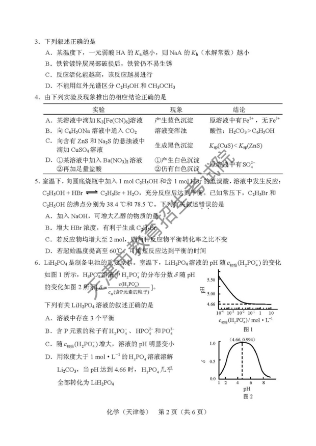 2018天津高考理综真题答案