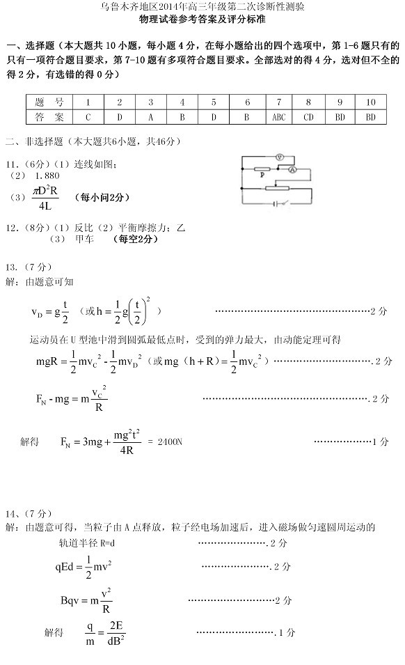 2014乌鲁木齐二模物理答案